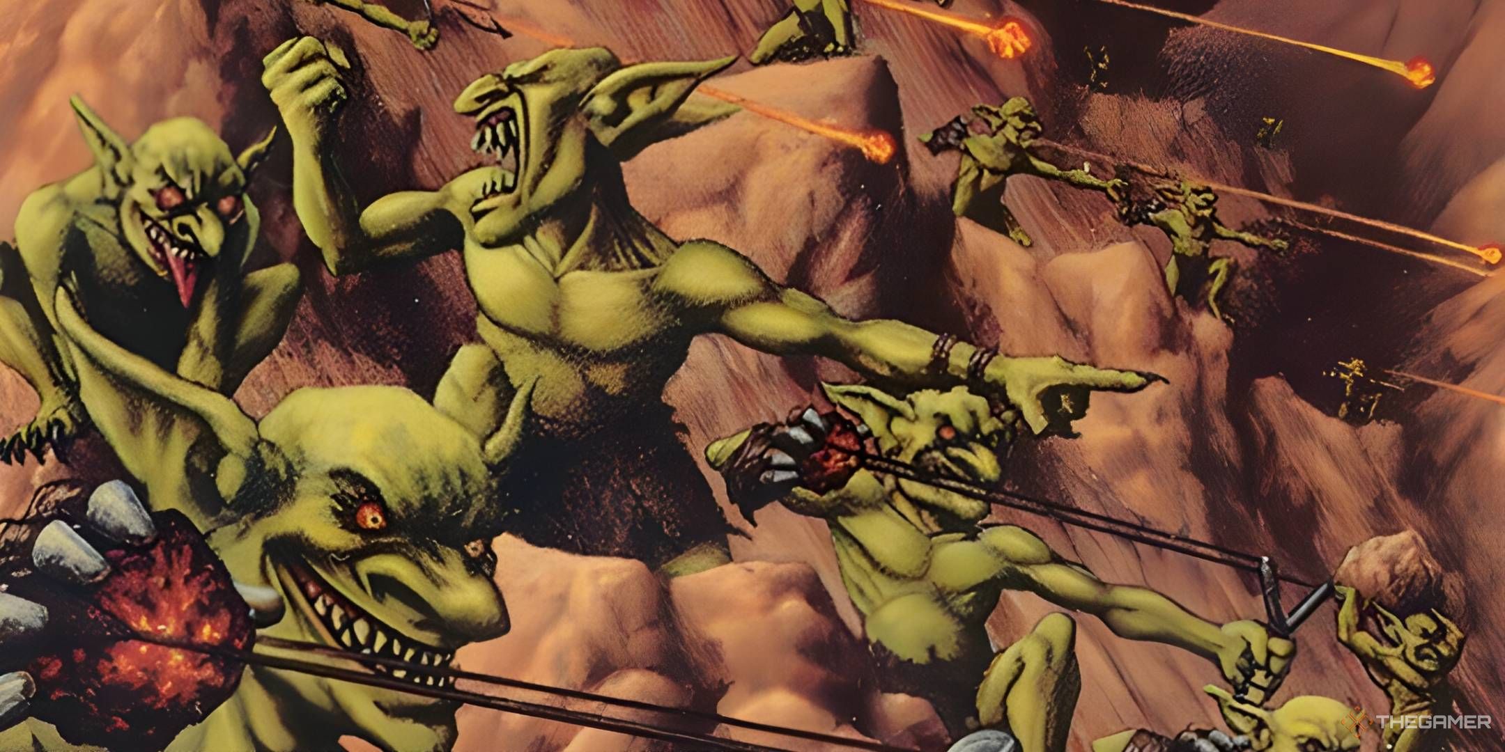 A swarm of Goblins launches a war strike using primitive weapons.