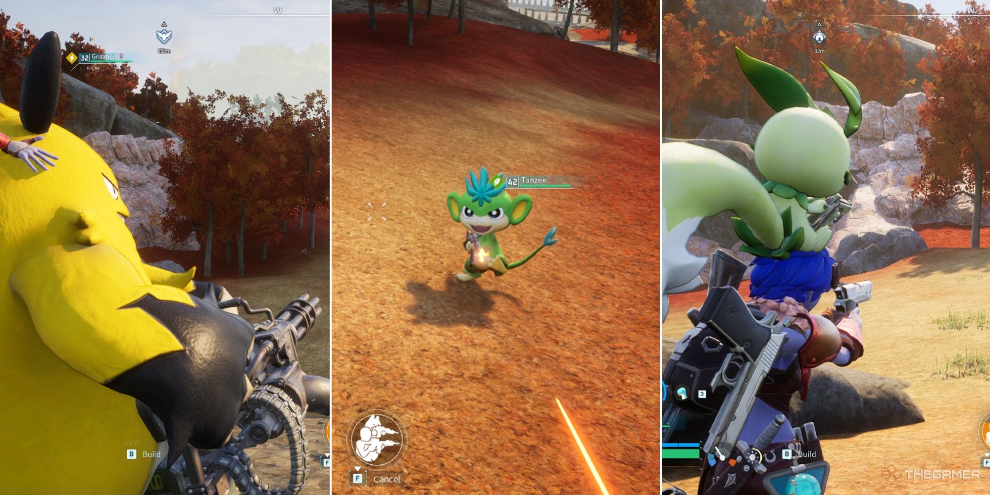 Palworld collage showing Grizzbolt with a minigun, Tanzee with an assault rifle, and Lifmunk on top of a players head with an smg