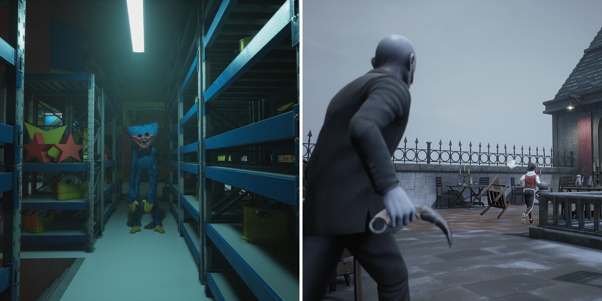 A split image of a tall, blue, furry toy with red lips and sharp teeth, and a pale-skinned monster in a suit chasing a victim with a karambit.