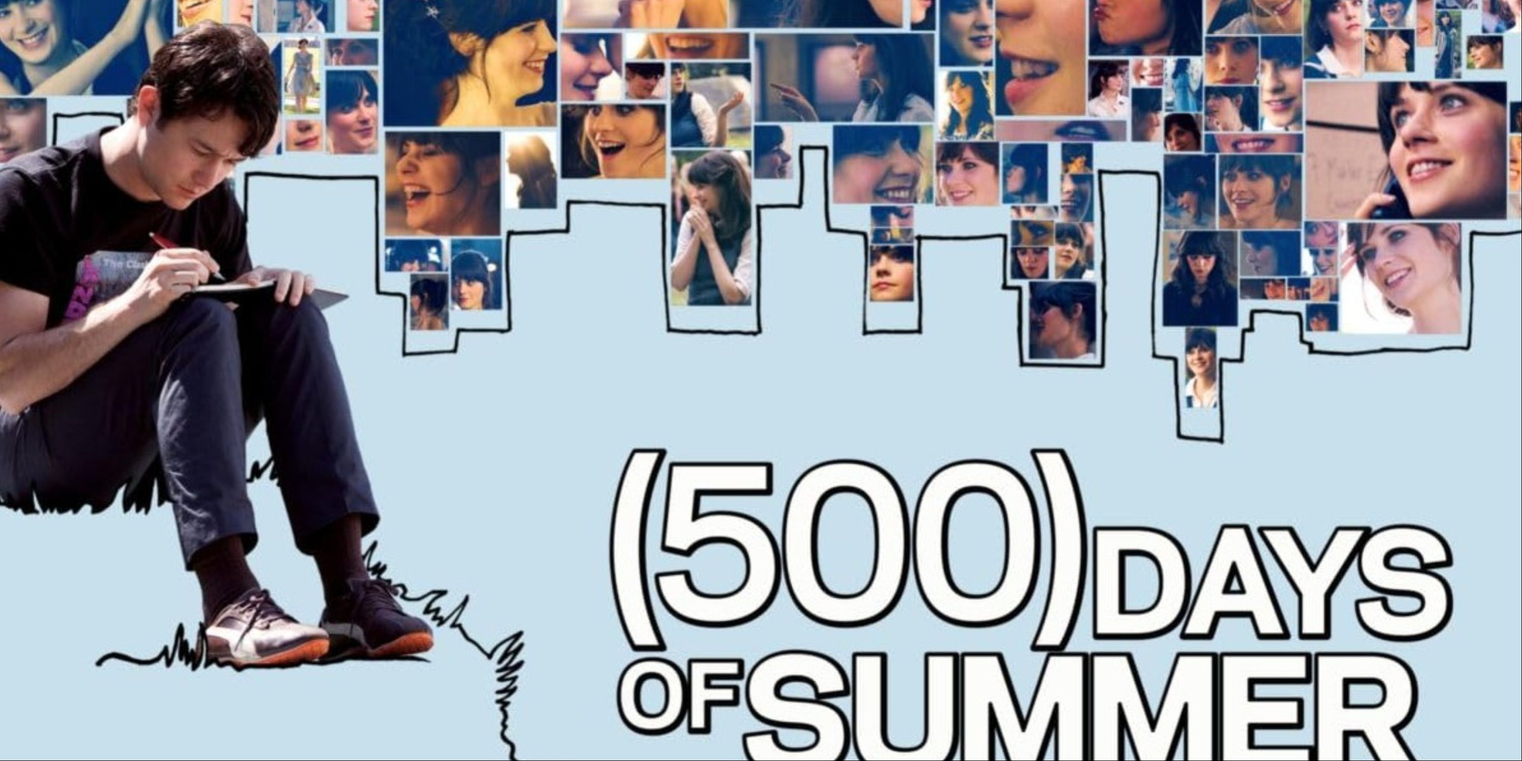 Joseph Gordon-Levitt writing a journal and a bunch of Zooey Deschanels on the main art for (500) Days of Summer.