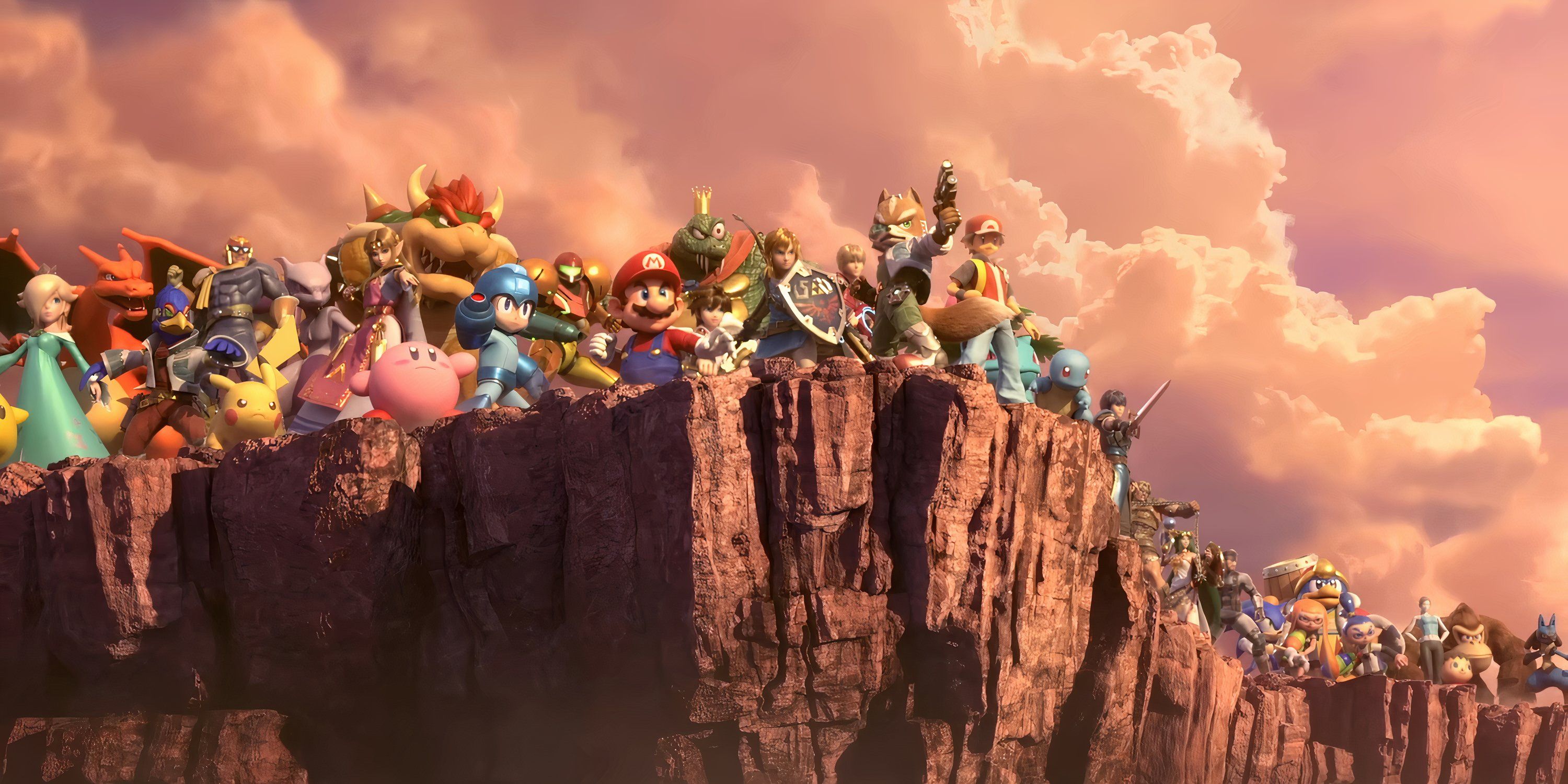 Many characters like Fox and Mario stand on a cliff's edge together in Super Smash Bros. Ultimate.