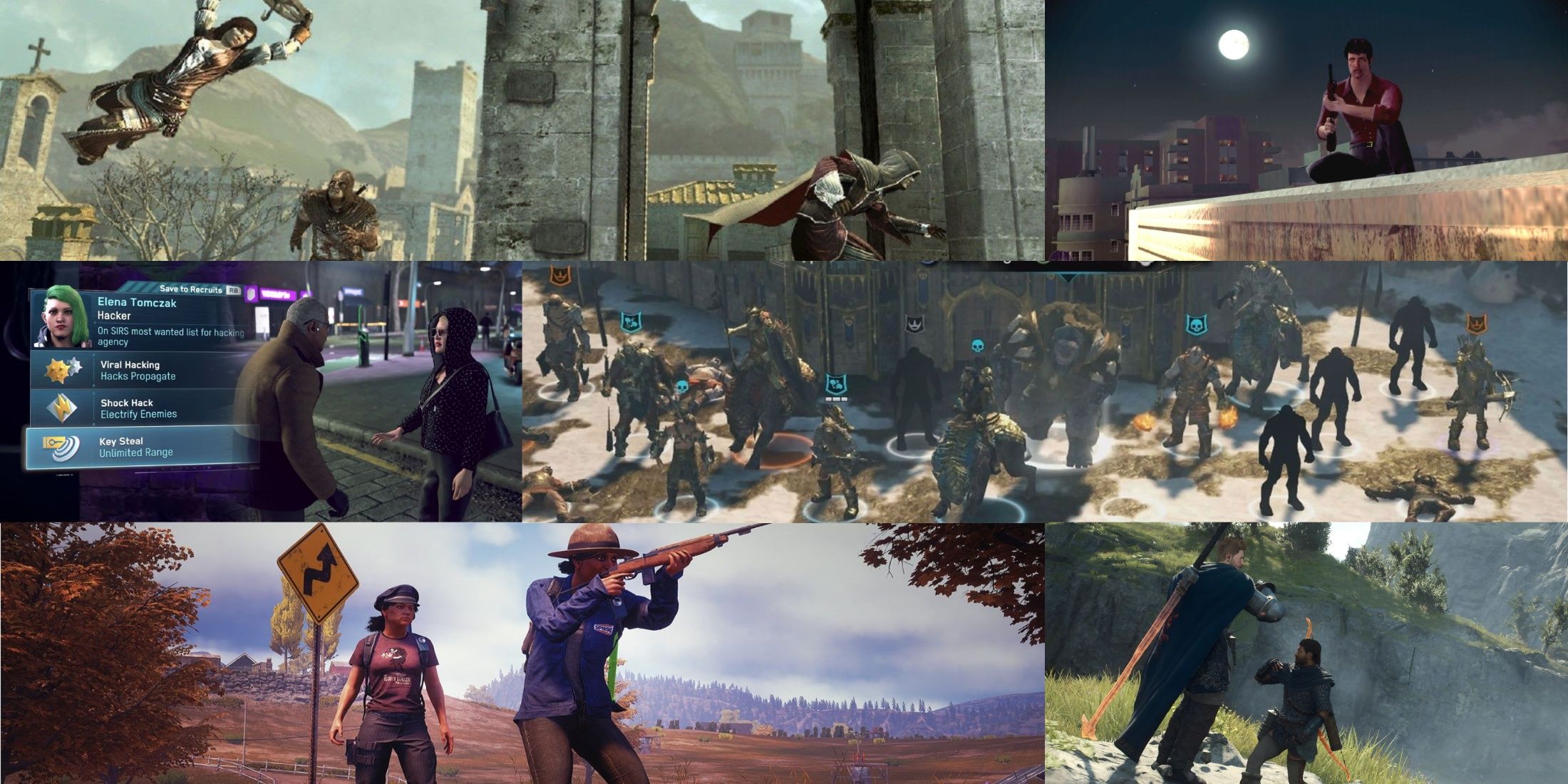 Assassin's Creed Brotherhood, Middle Earth Shadow of War, The Godfather 2, Watch Dogs Legion, State of Decay 2, Dragon's Dogma 2 open world games mixed gameplay collage