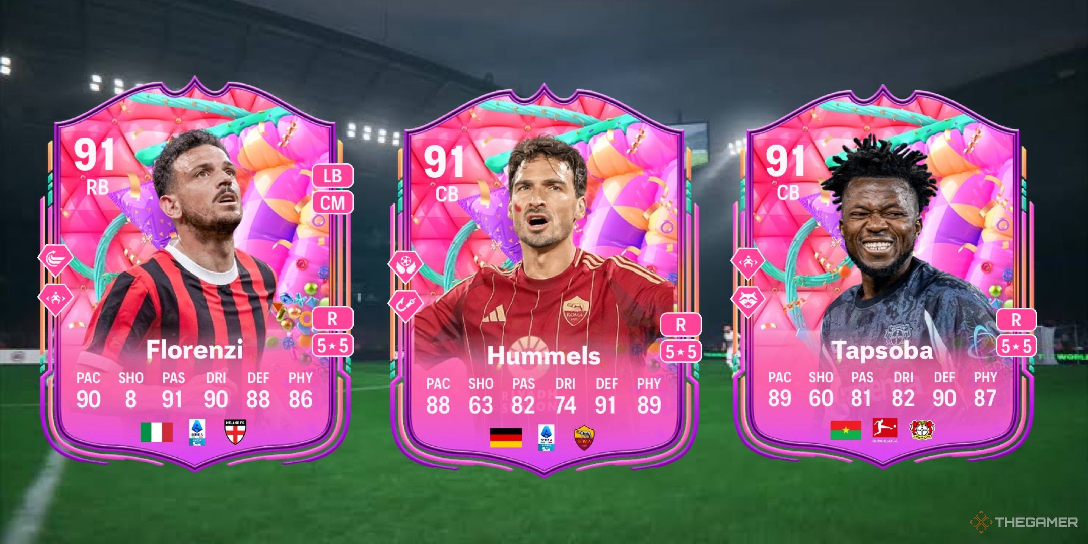 Image showing Florenzi, Hummels, and Tapsoba card against a faded pitch background.