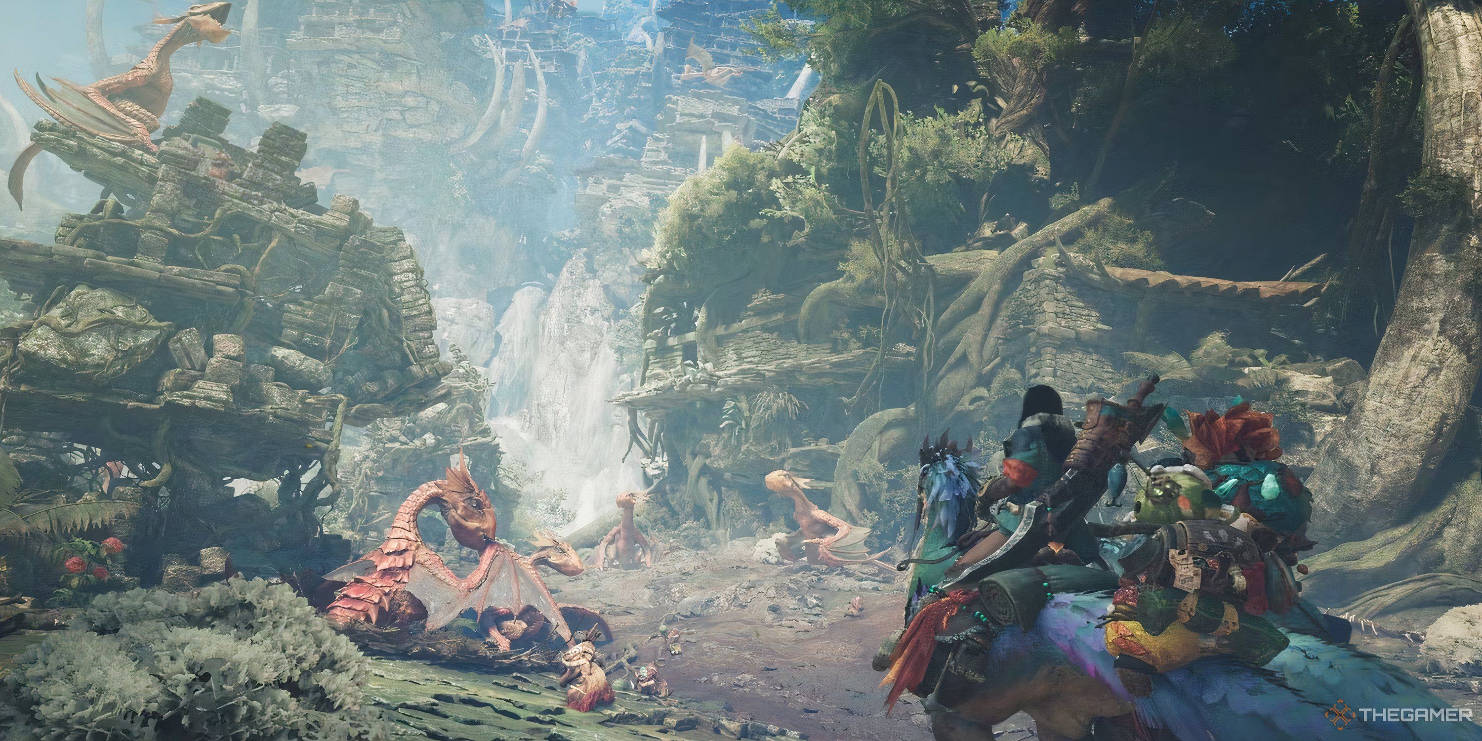 Player exploring a forest in Monster Hunter Wilds.