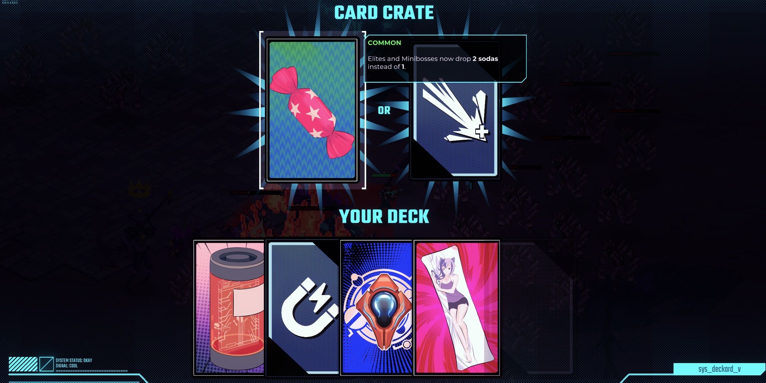The Card Crate selection screen. Two cards are on offer, a red candy (left) and an arrow. At the bottom is a hand of other cards in Sodaman.
