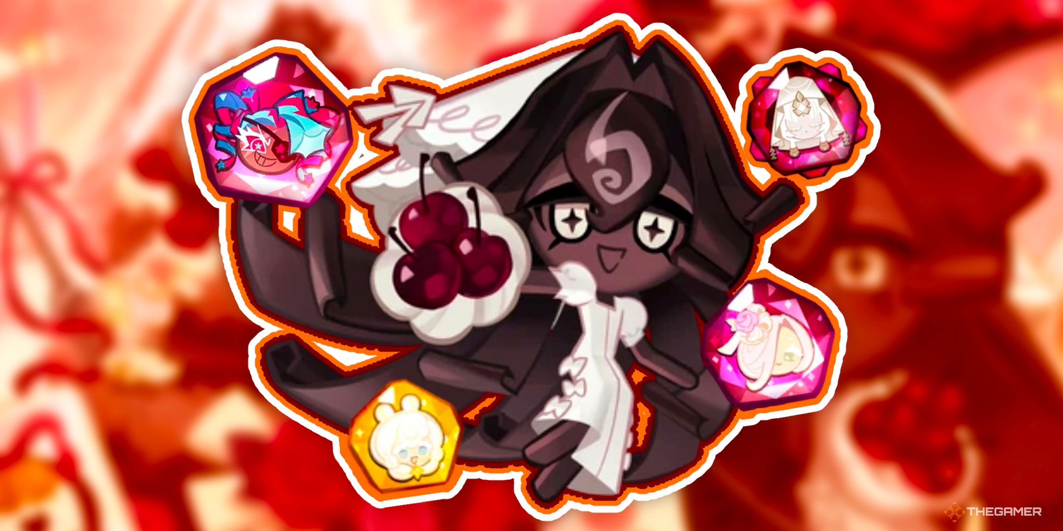 Black Forest Cookie Surrounded By The SoulStones Of Twizzly Gummy Cookie, Cream Ferret Cookie, Wedding Cake Cookie And Mythic Flour Cookie On The Match Made In Oven Title Screen From Cookie Run: Kingdom.