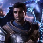 A Dragon Age character stares out against a blue background.