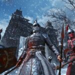 Snow falls as guards in armor and red highlights wait in Wuchang: Fallen Feathers