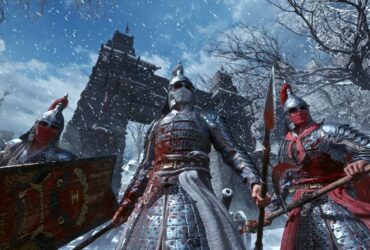 Snow falls as guards in armor and red highlights wait in Wuchang: Fallen Feathers