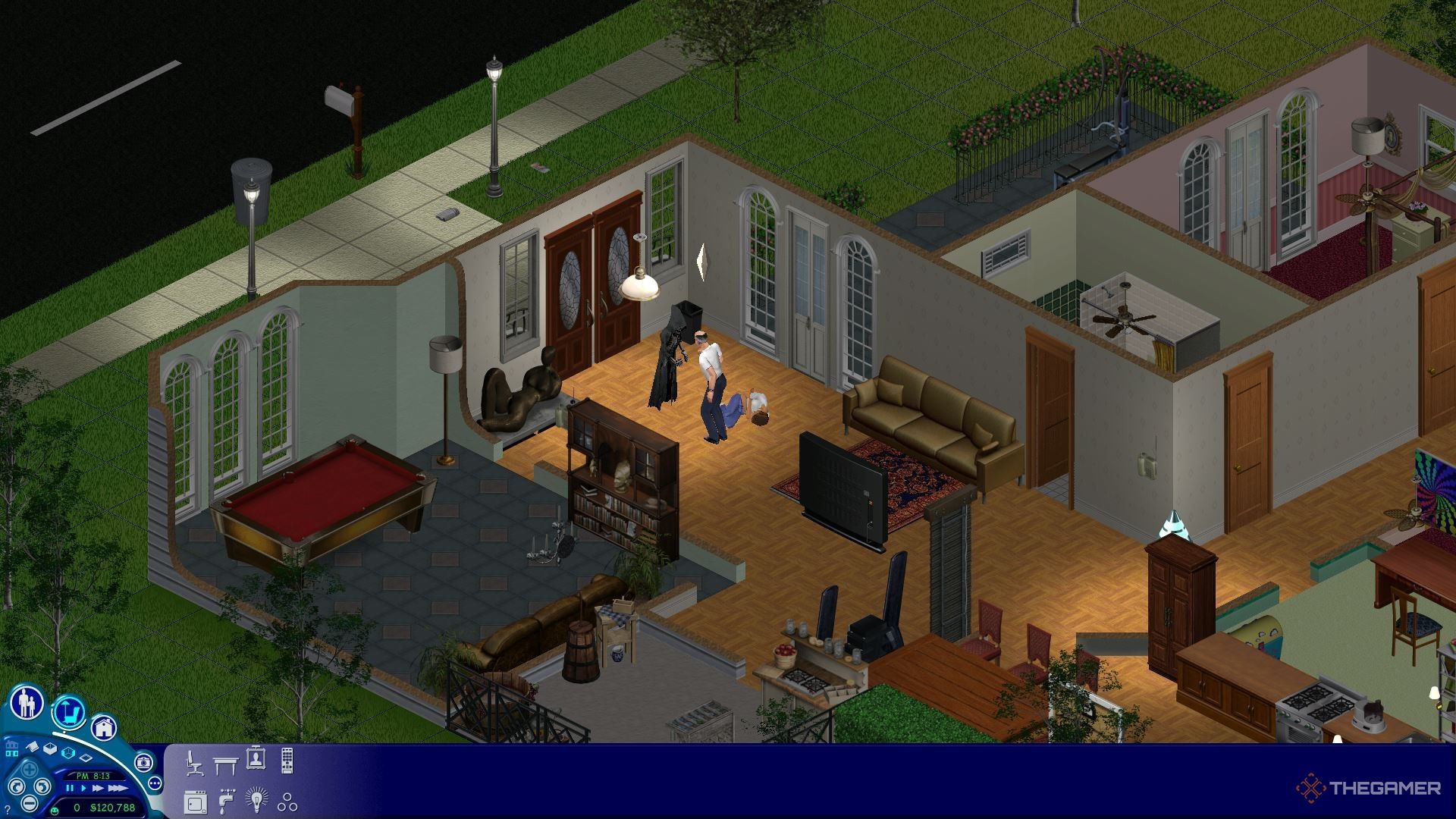 A man playing rock paper scissors with the Grim Reaper to save his dead wife from the Grim Reaper in The Sims.