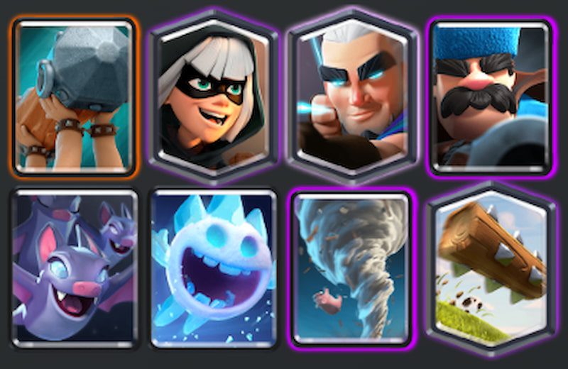 Hunter, Battle Ram, Bandit, Tornado, The Log, Ice Spirit, Bats, Magic Archer