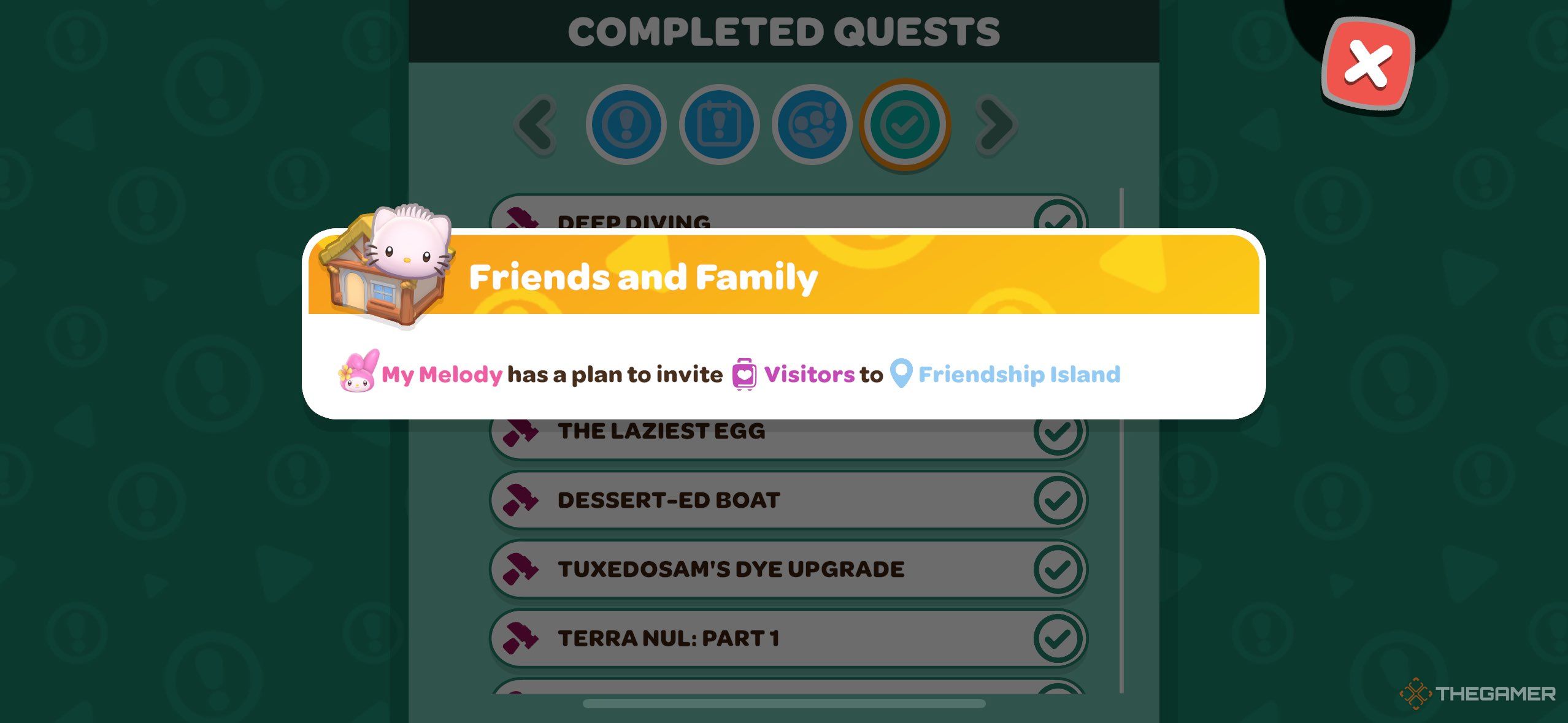 A player looking at the Friends and Family quest in Hello Kitty Island Adventure.