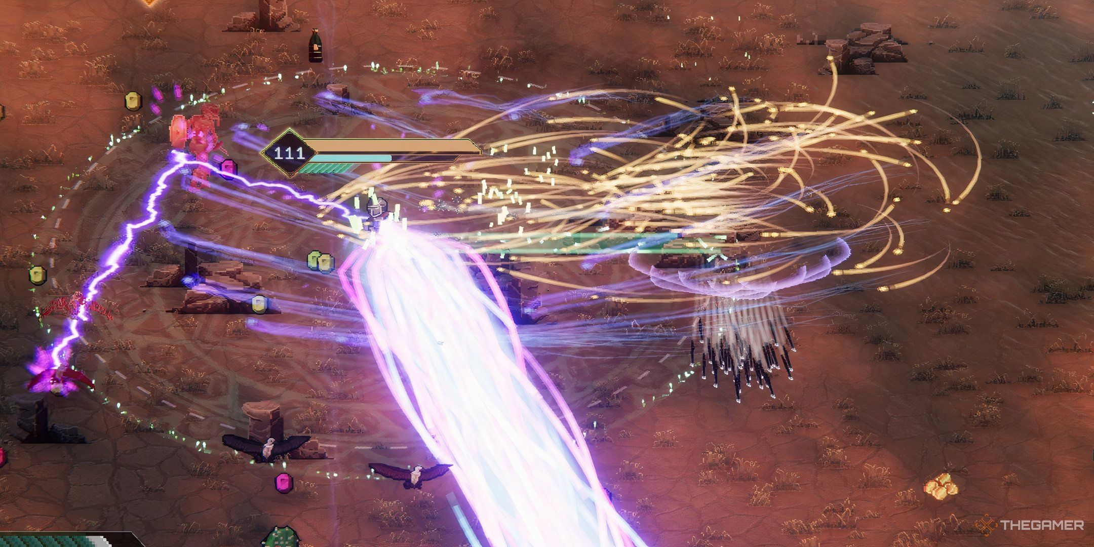 A player in Rogue: Genesia fires the arcane beam alongside a cloud of missiles from the magic wand and chain lightning.