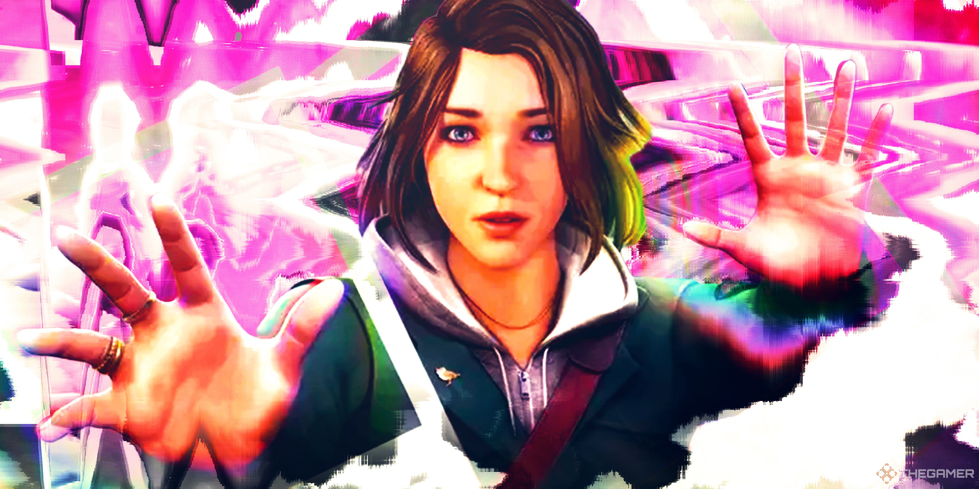 Max Caulfield holds her hands up to use her powers in the key art for Life is Strange: Double Exposure. She's surrounded by purple color in waves.