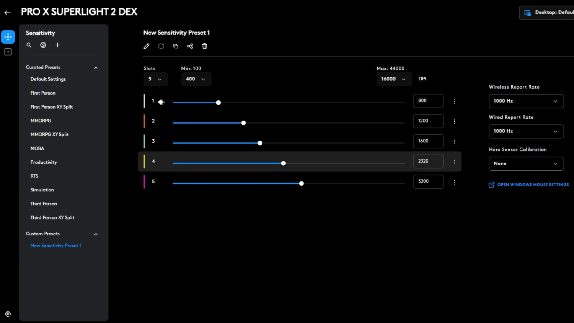 Screenshot of Logitech G Hub software showing DPI assignment on Superlight 2 DEX mouse