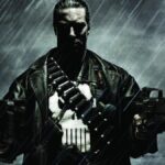 The Punisher holding two machine guns in the rain