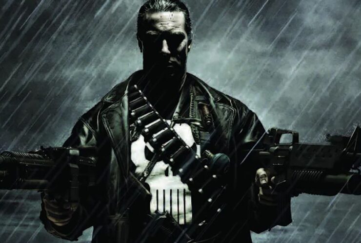 The Punisher holding two machine guns in the rain