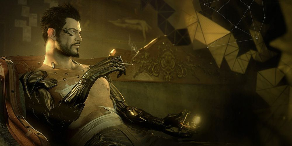 Screenshot of Adam Jensen in Deus Ex: Human revolution, enjoying a smoke.