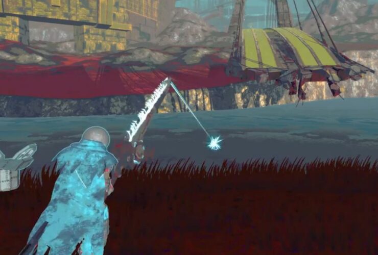 an rpg character fishing with a fishing rod sword