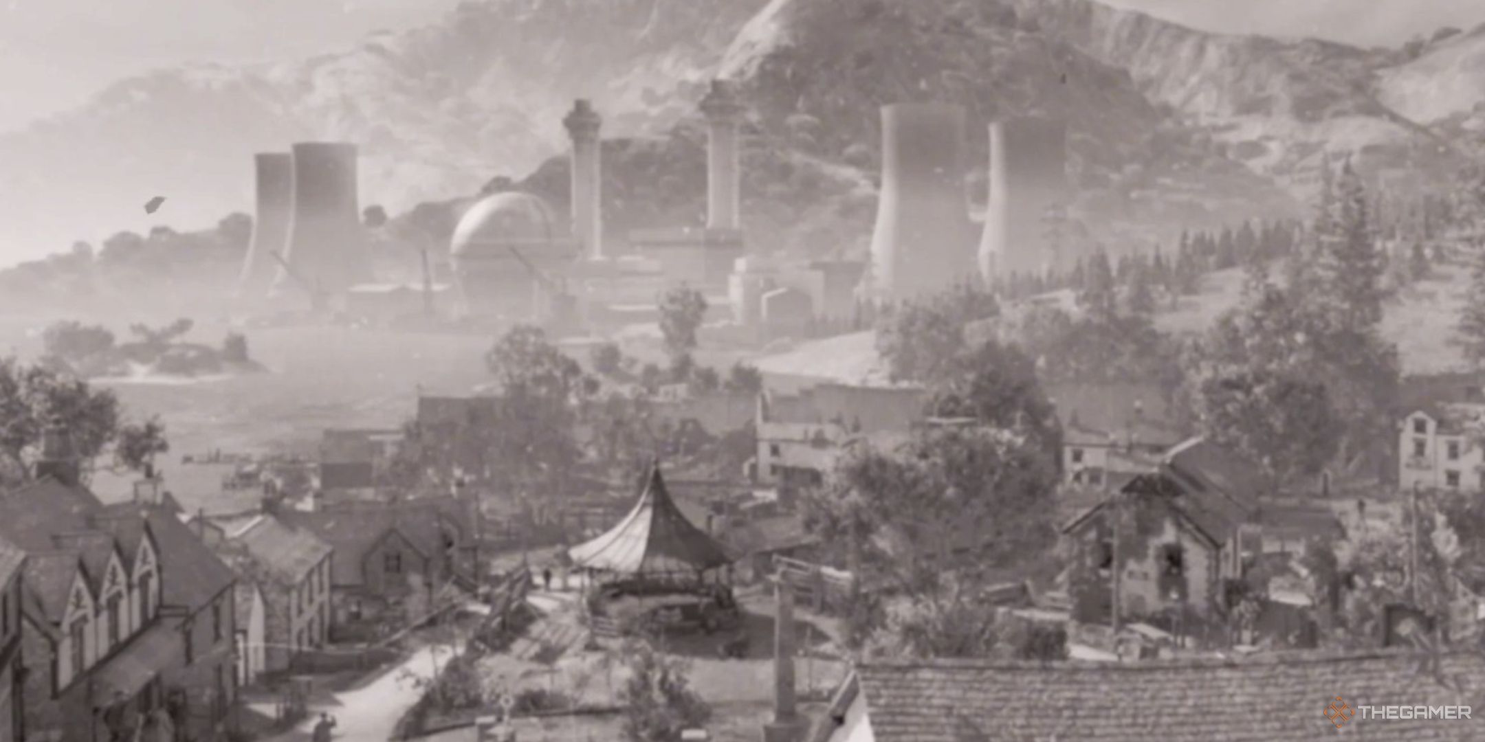 a black-and-white photo of the windscale plant in atomfall, with wyndham village in the foreground.