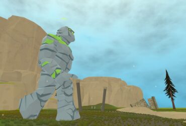 a stone giant walks on a field near a cliff