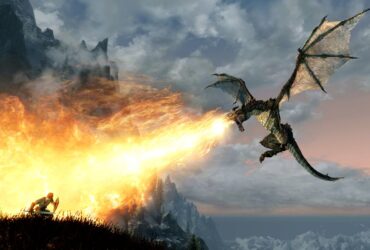 A dragon blasts a man with a shield in Skyrim