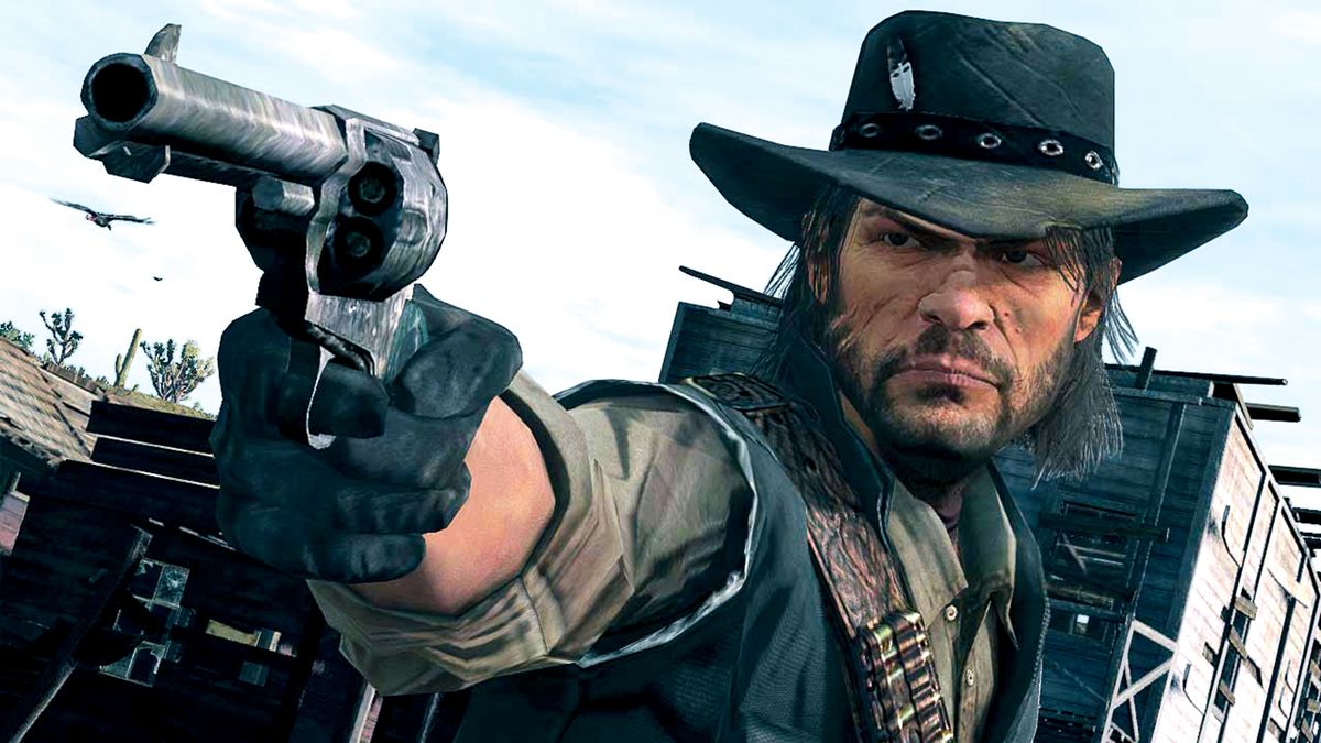Red Dead Redemption screenshot of protagonist John Marston aiming a pistol