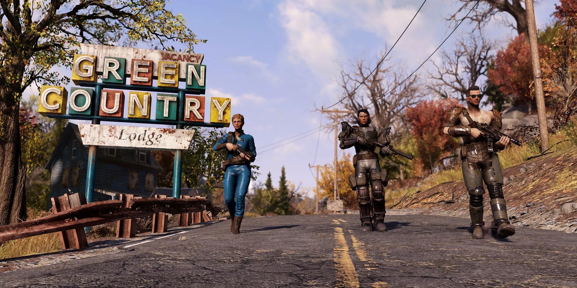 Fallout 76: Various vault dwellers wearing different outfits whilst wandering the wasteland.
