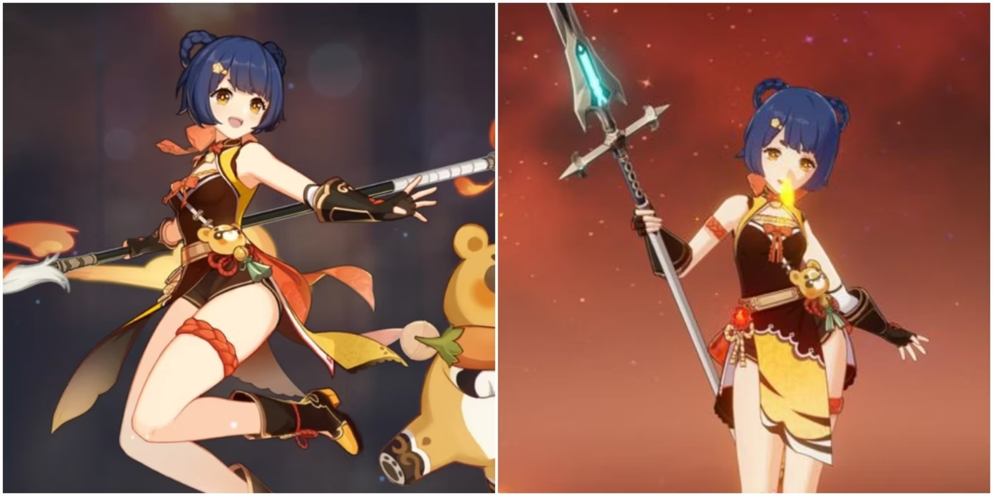 Split image screenshots of Xiangling in Genshin Impact.