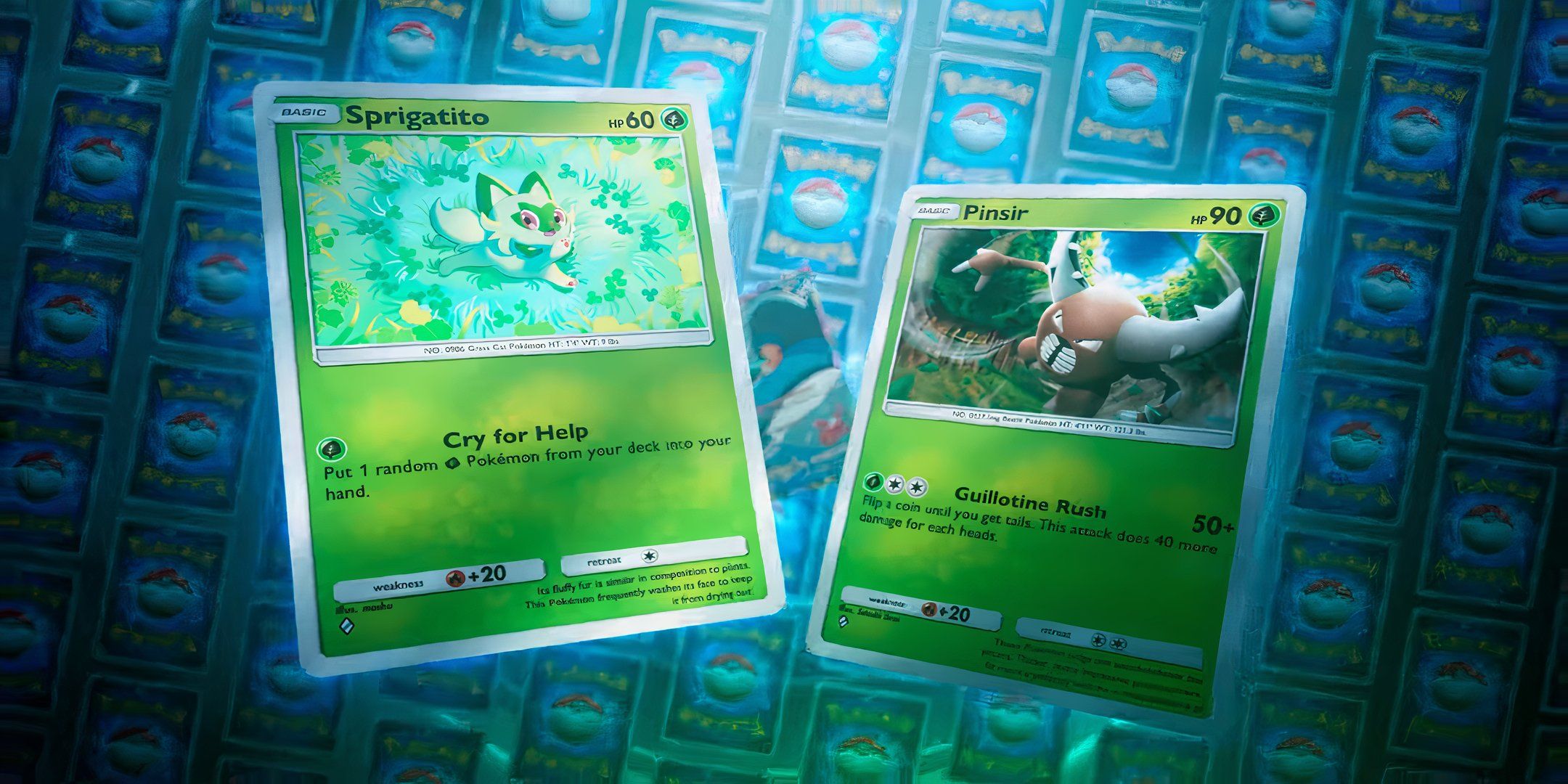 sprigatito and pinsir from pokemon tcg pocket shining revelry.