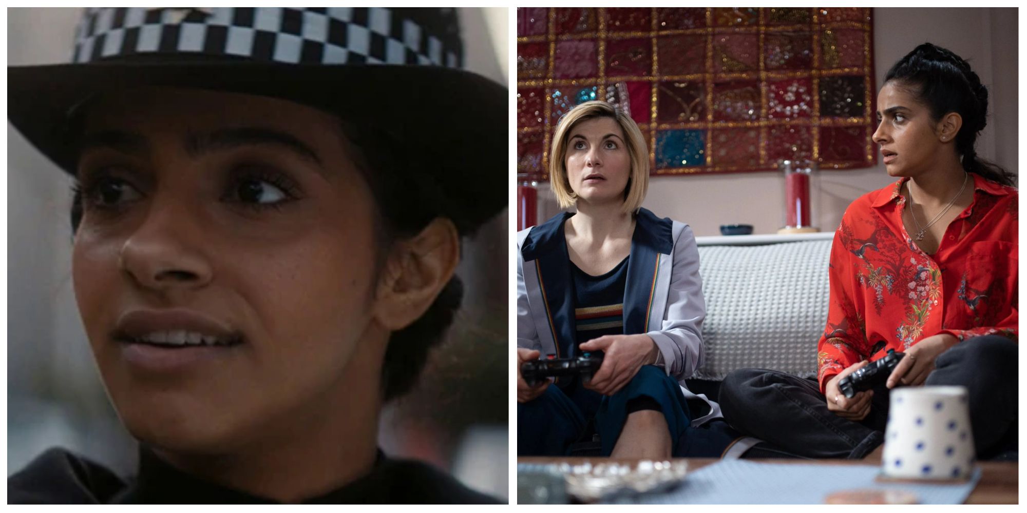 Left image: close up image of Yaz in her police uniform. Right: The Doctor and Yaz sat on the sofa at Yaz's house looking confused.