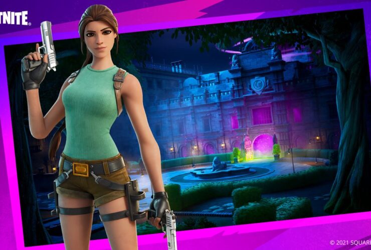 Fortnite's Lara croft skin in front of a building