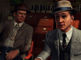 Two characters pointing at the camera in LA Noire