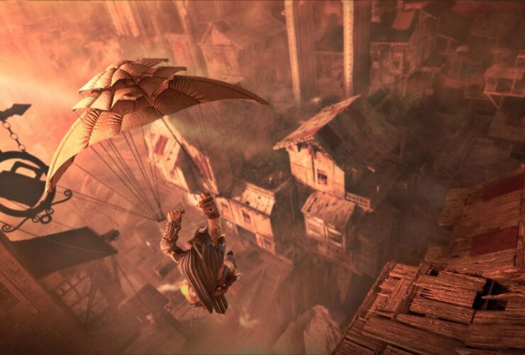Screenshot from Styx Blades of Greed's reveal trailer, showing the titular green goblin gliding atop a grimdark fantasy city.