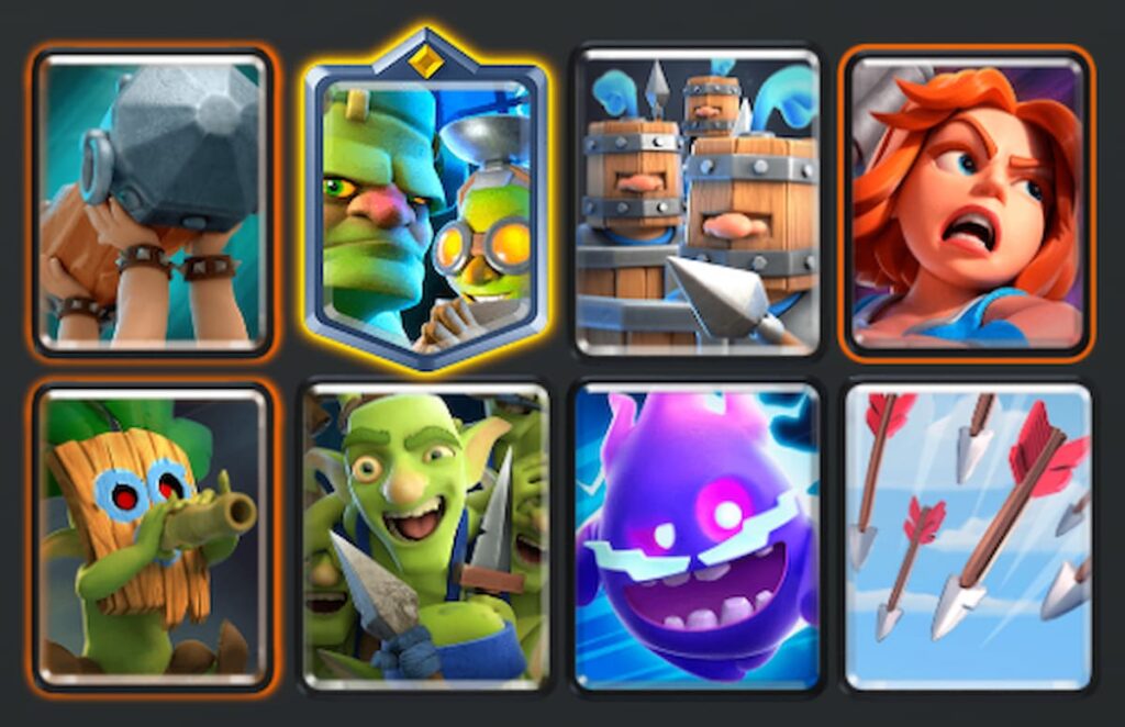 Goblinstein, Battle Ram, Royal Recruits, Valkyrie, Electro Spirit, Dart Goblin, Goblin Gang, Arrows