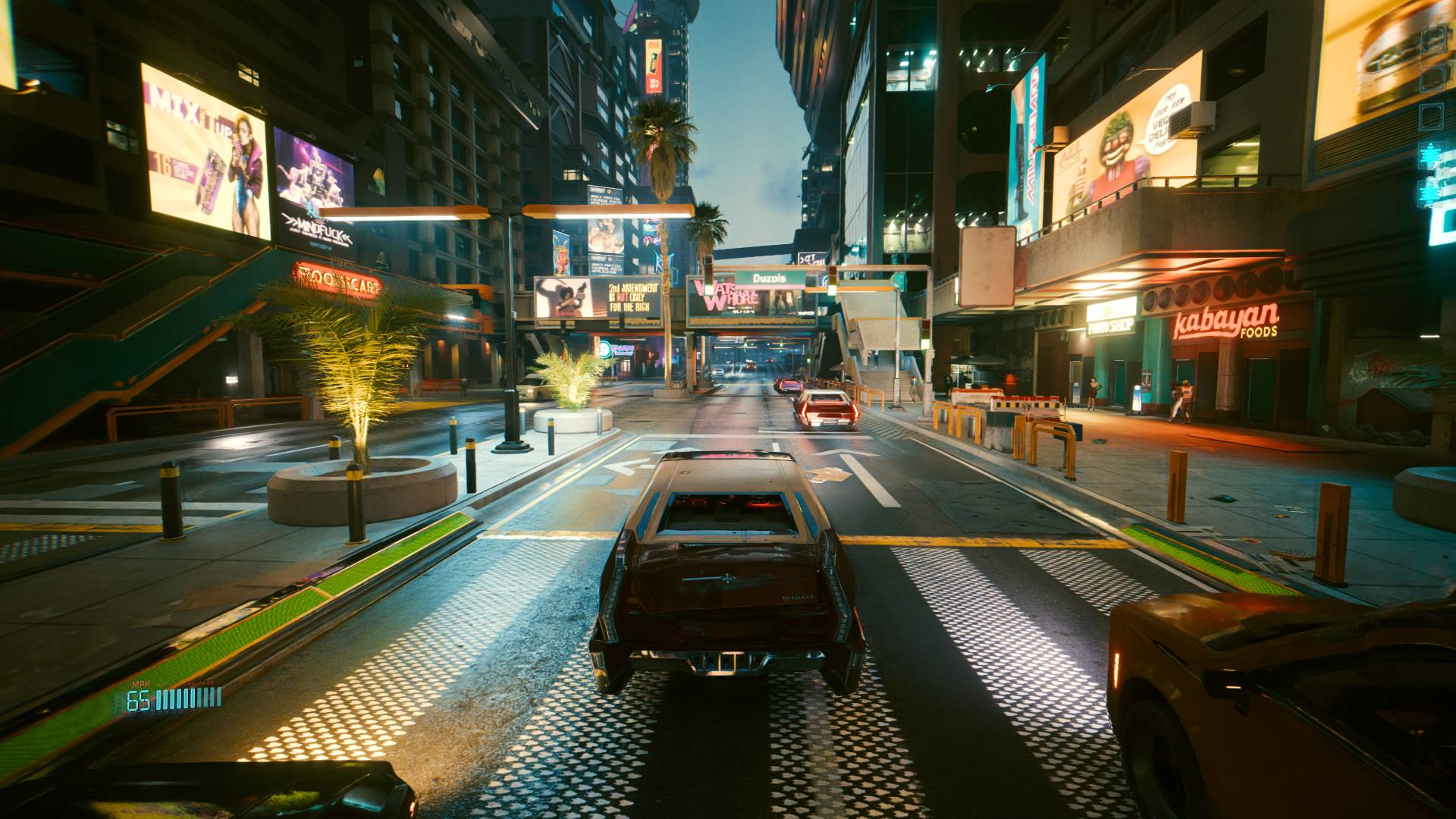 Cyberpunk 2077 gameplay with car driving through street with neon signs and plants.