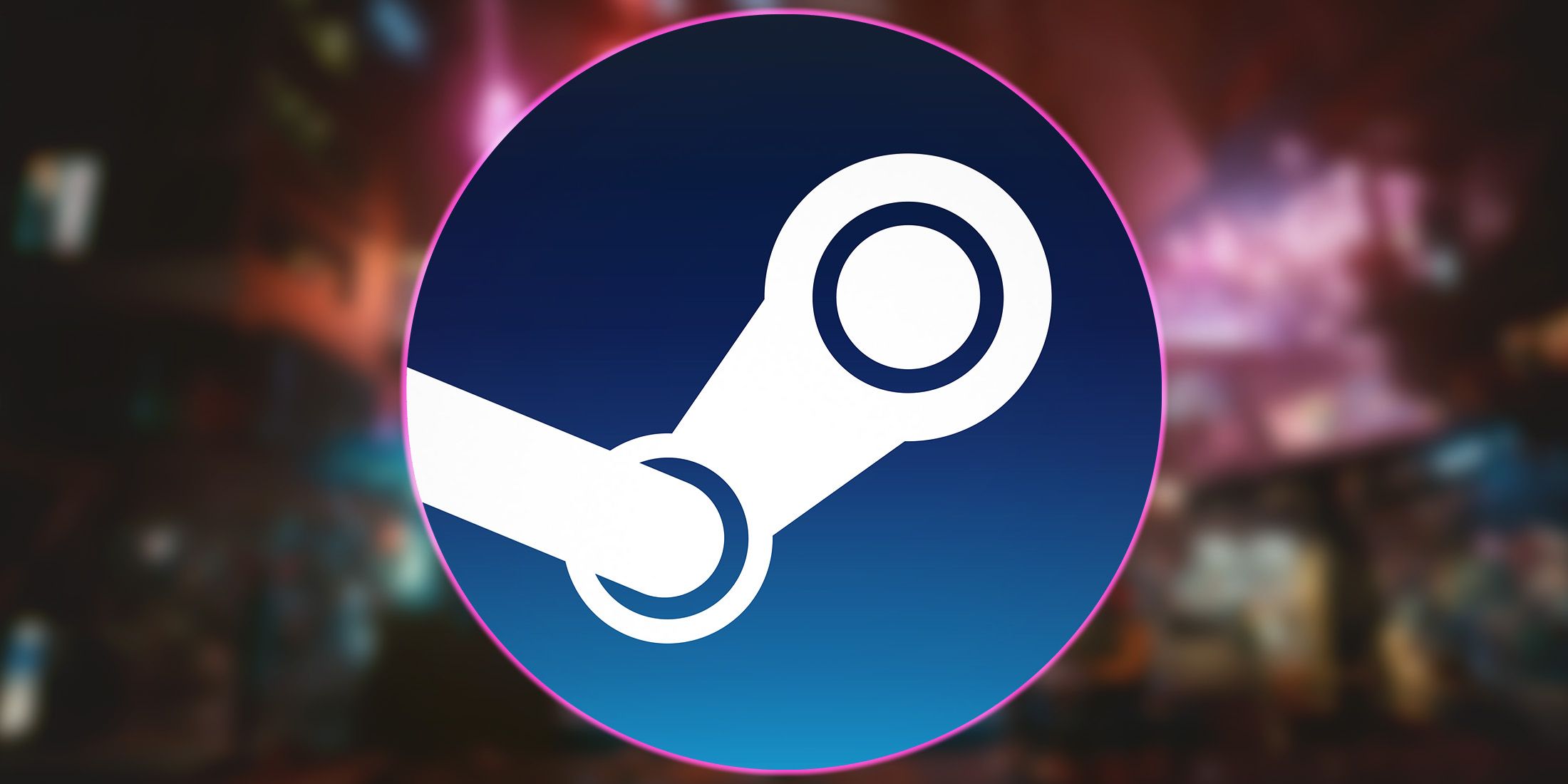 Steam logo with glowing purple outline over blurred Cyberpunk 2077 Night City promo screenshot