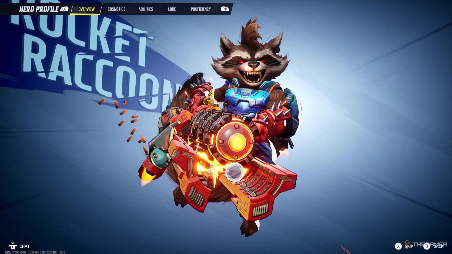 Rocket gives a snarling smile as he wields his gigantic weapon in Marvel Rivals.