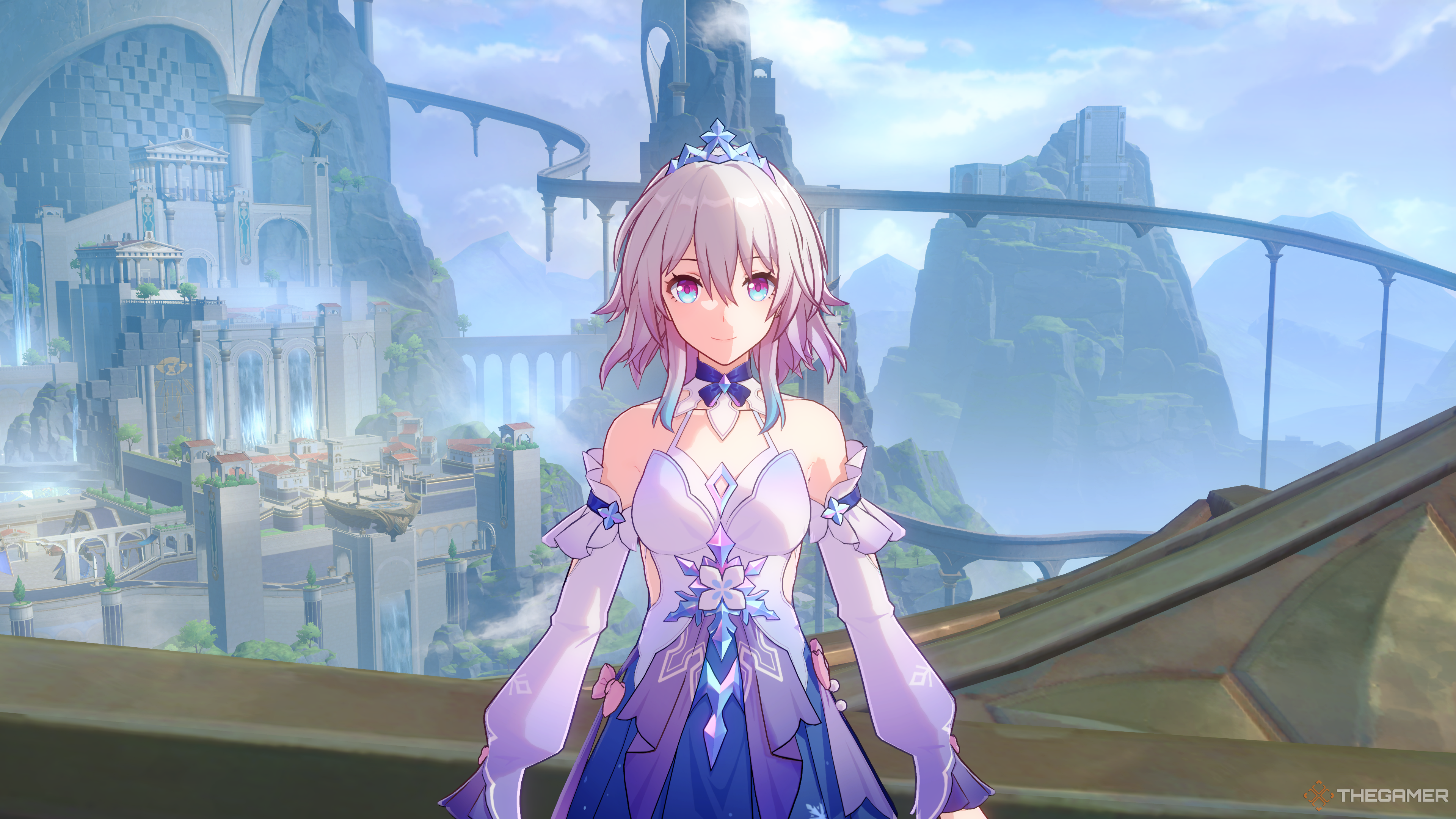 A smiling March 7th standing in front of the Eternal Holy City, Okhema, in Honkai: Star Rail.