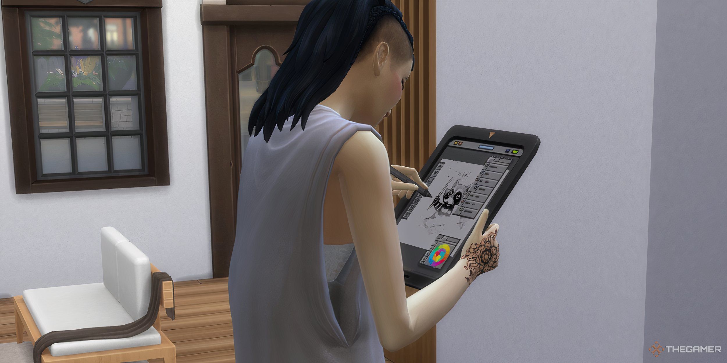 A sim drawing a raccoon on a tablet.