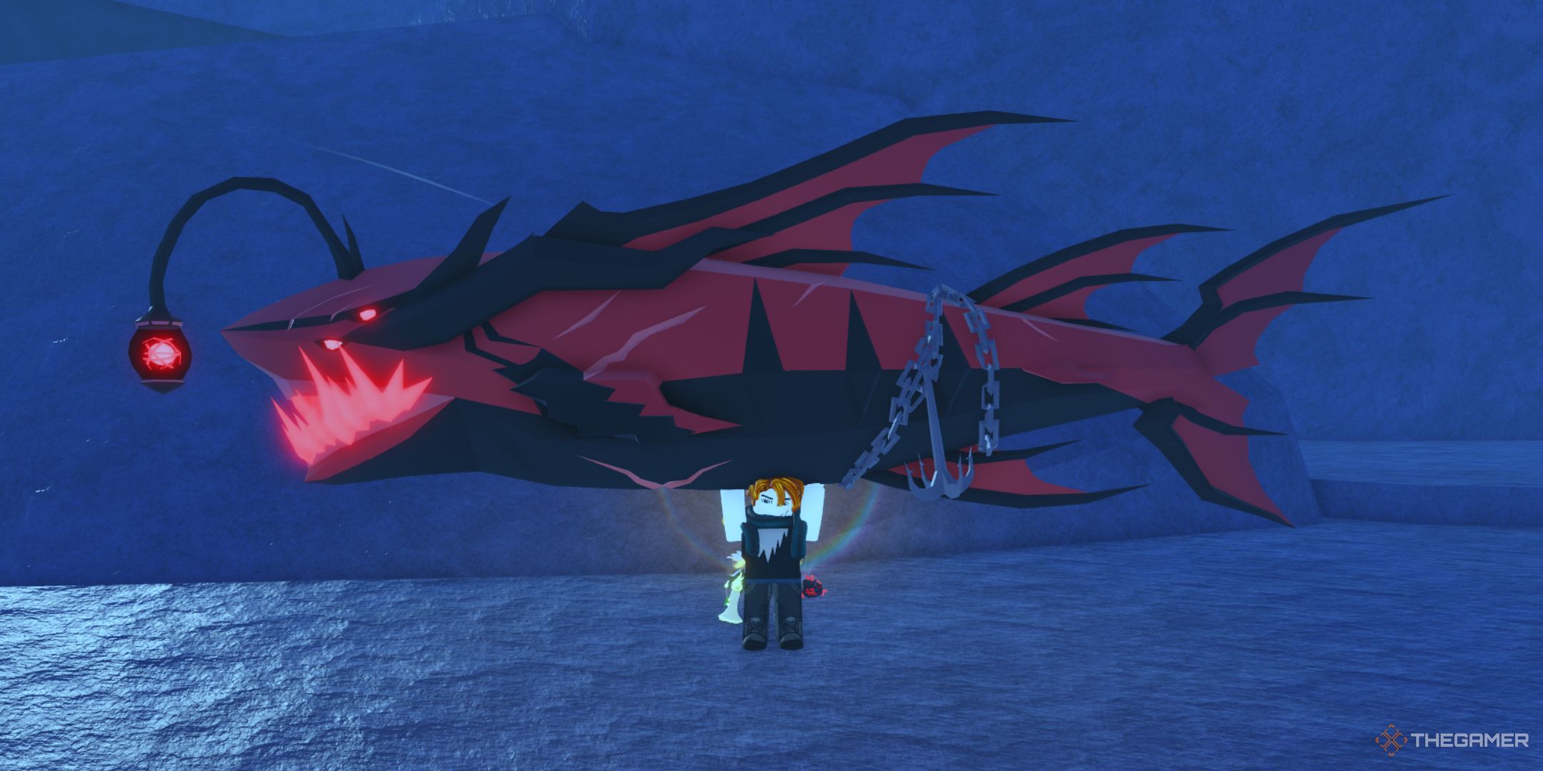 The player character holding Voidglow Ghostfish with his hands in the Abyssal Zenith area in Fisch.