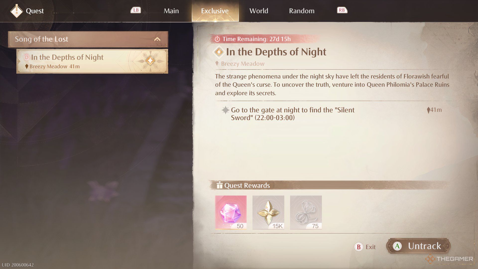 In The Depths Of The Night quest is shown in Infinity Nikki.