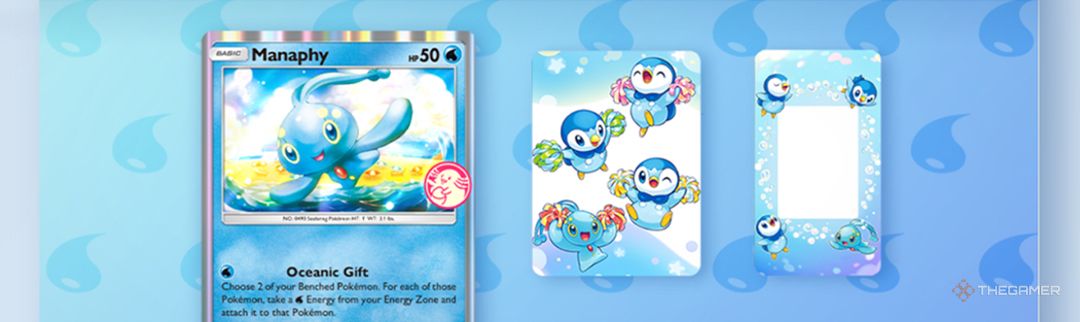 The Manaphy Promo card and two Piplup and Manaphy accessories in Pokemon TCG Pocket.