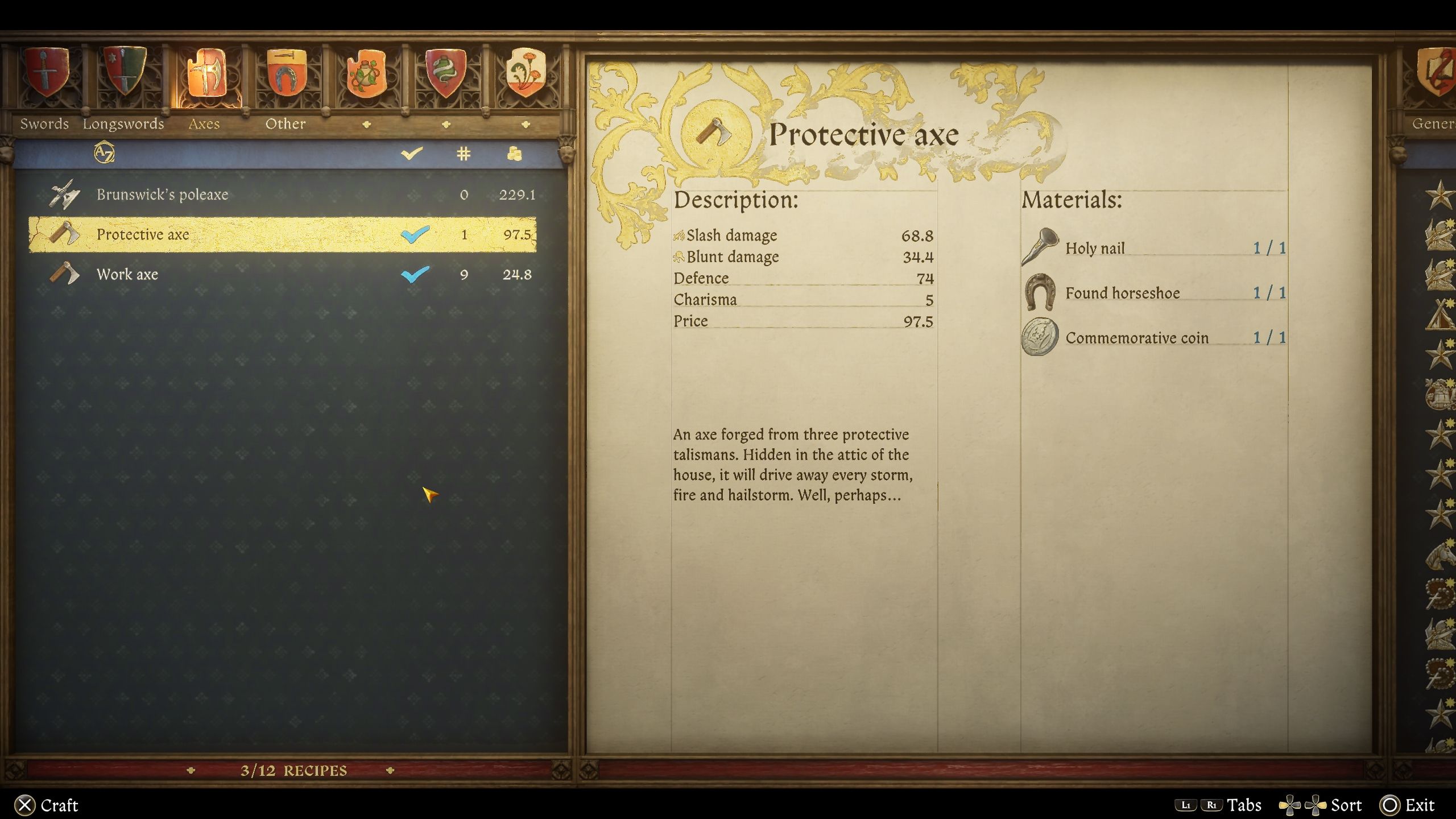 The Protective Axe recipe in the smithing table - kcd2