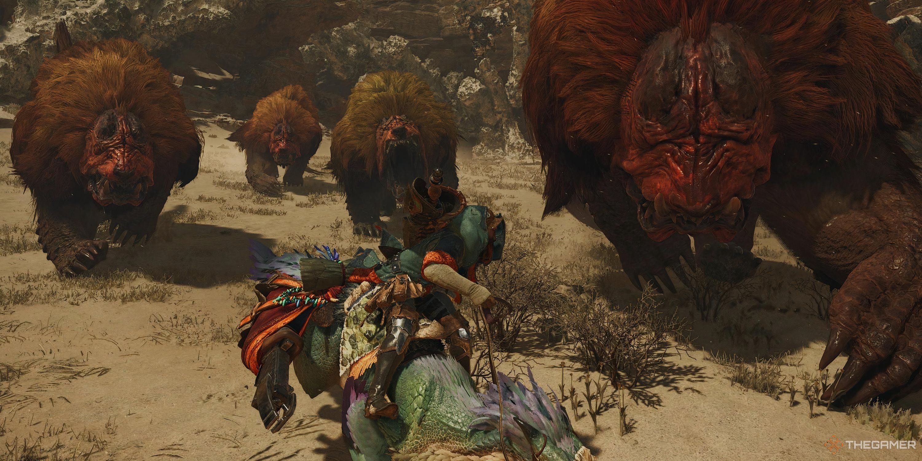 A hunter running from a pack of monsters in Monster Hunter Wilds.