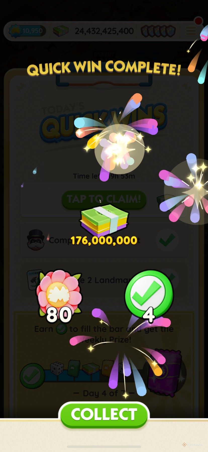 Winning 80 free Desert Bloom Partners tokens from the daily quick wins in Monopoly Go.