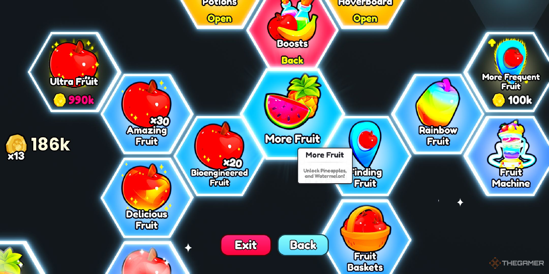 A player looking at the More Fruit upgrade in Pets Go on Roblox.