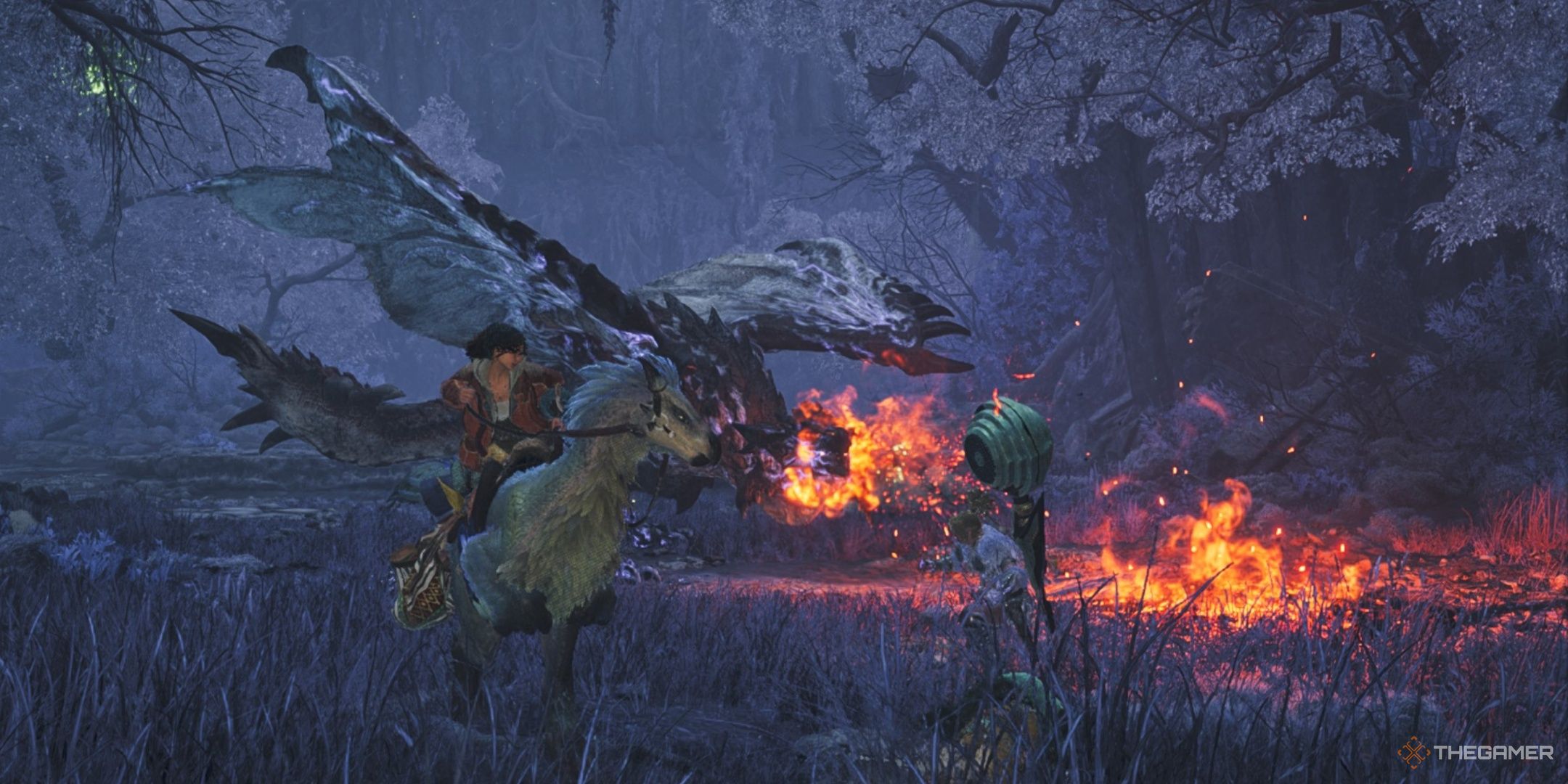 A hunter running from a guardian rathalos breathing fire while Alma stands to the side on her Seikret in monster hunter wilds.