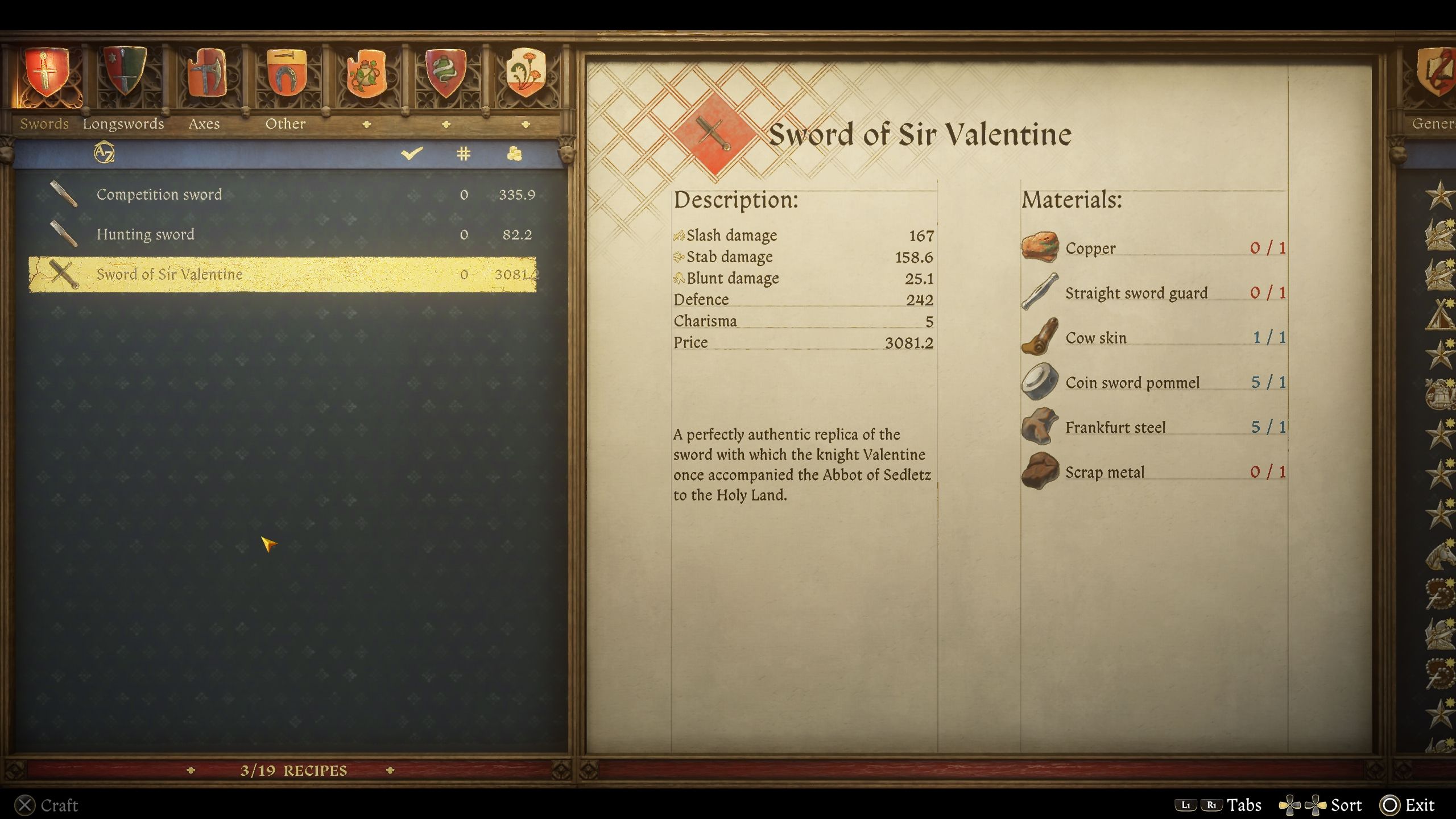 Player about to forge Sir Valentine Sword - kcd2