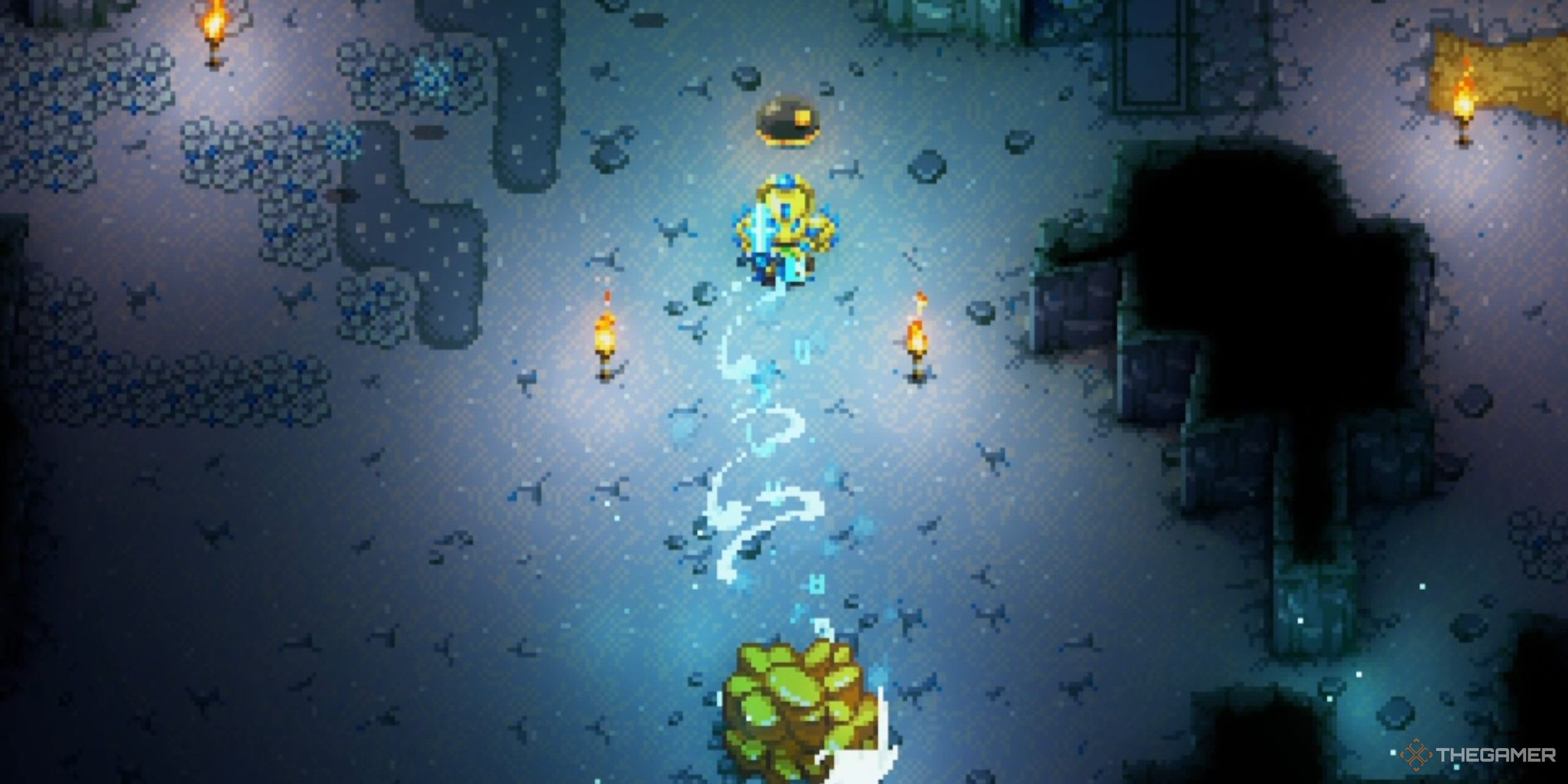 Player character using Rune Song to cast the Trailing Melody skill in Azeos' arena in Core Keeper.